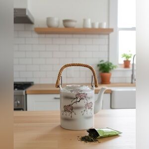 Vintage Japanese-Style Ceramic Teapot - Pink Cherry Blossom Design